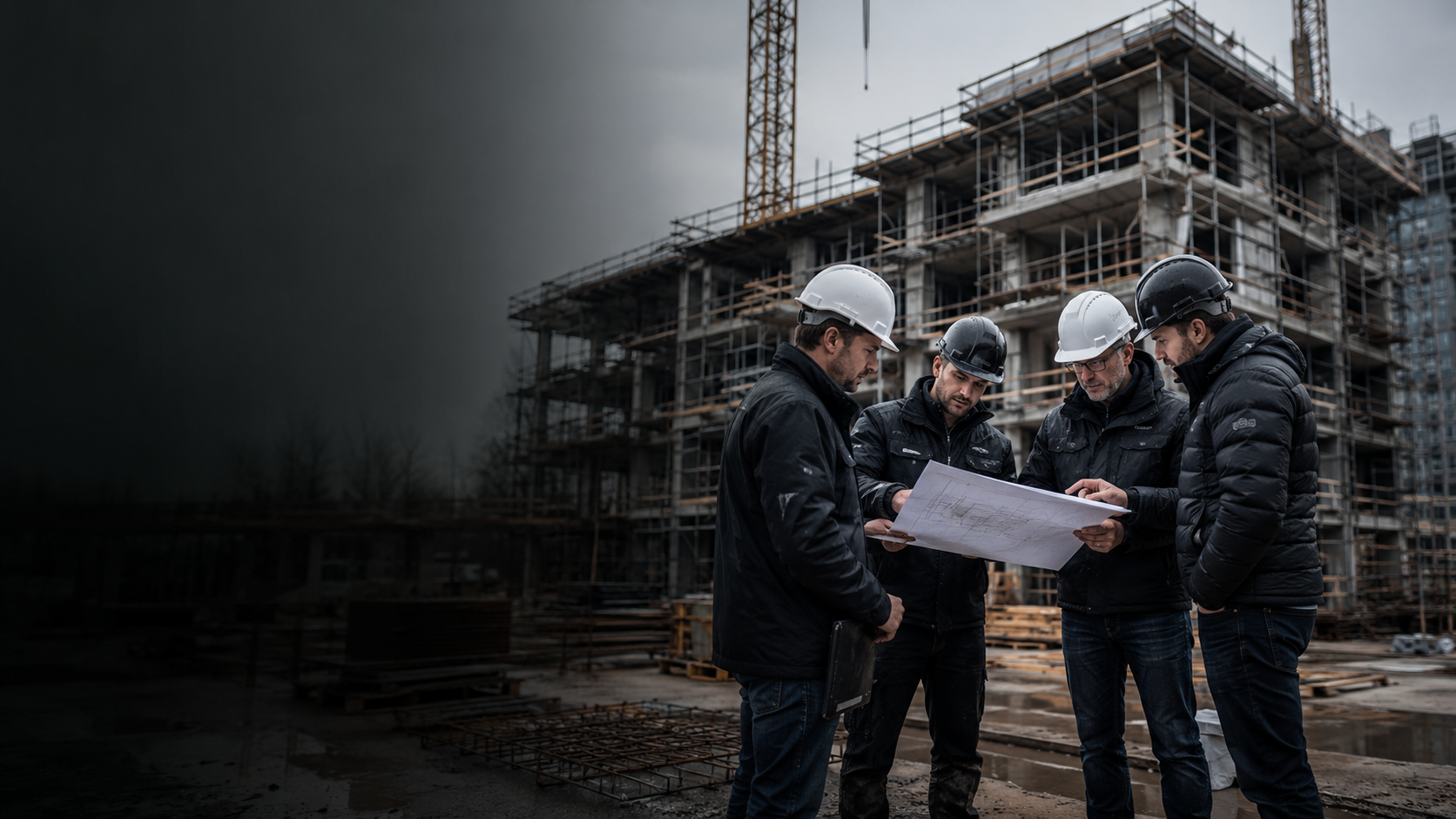 Projektteam bei einer Planbesprechung auf einer Baustelle