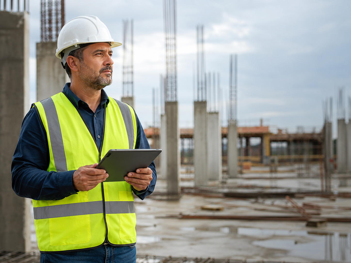 Bauleiter mit Tablet bei der Kontrolle des Baufortschritts auf einer Rohbaustelle