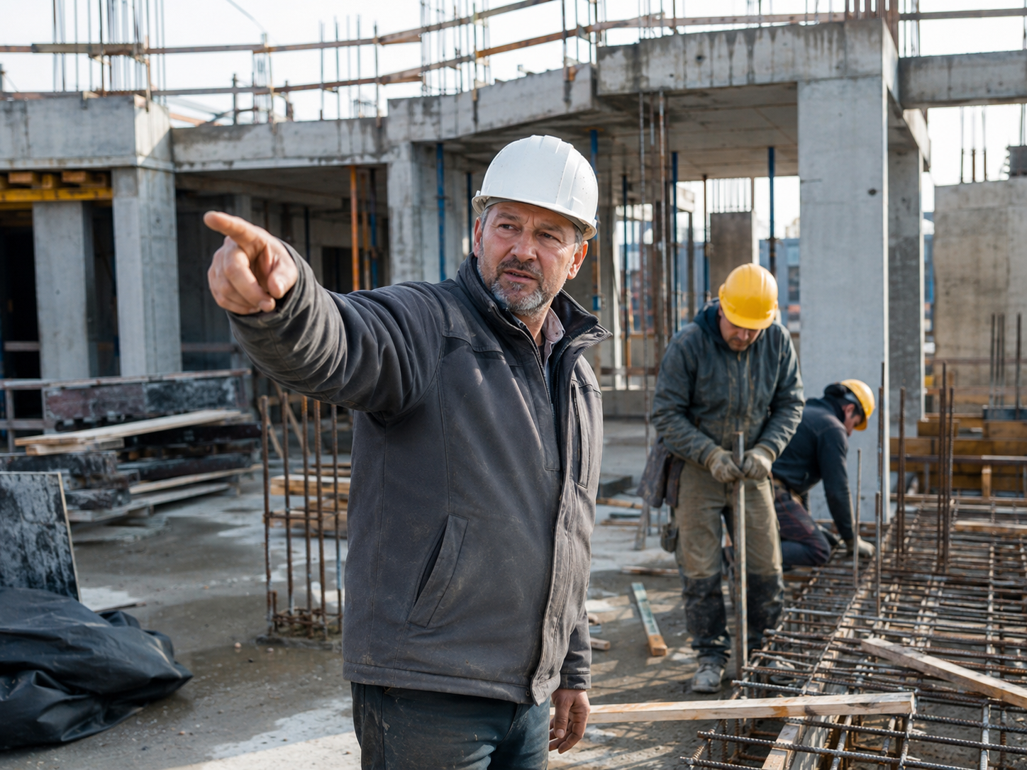 Polier mit weißem Helm koordiniert Arbeiten auf einer Rohbaustelle