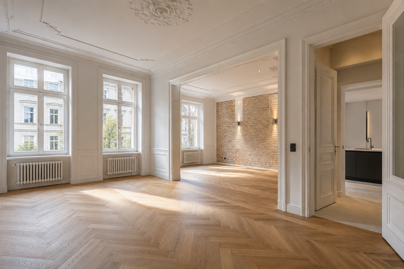 Heller sanierter Altbau-Innenraum mit hochwertiger modernisierter Nutzung