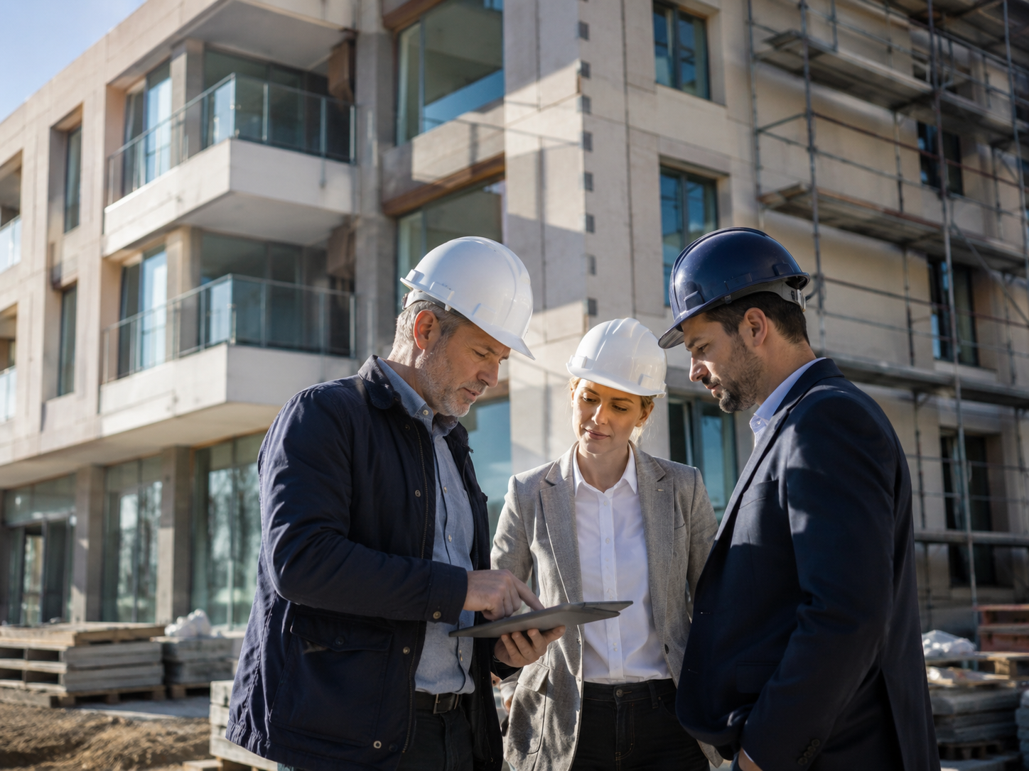 Projektverantwortliche prüfen Ausführungsdetails auf einer Baustelle vor einem modernen Gebäude