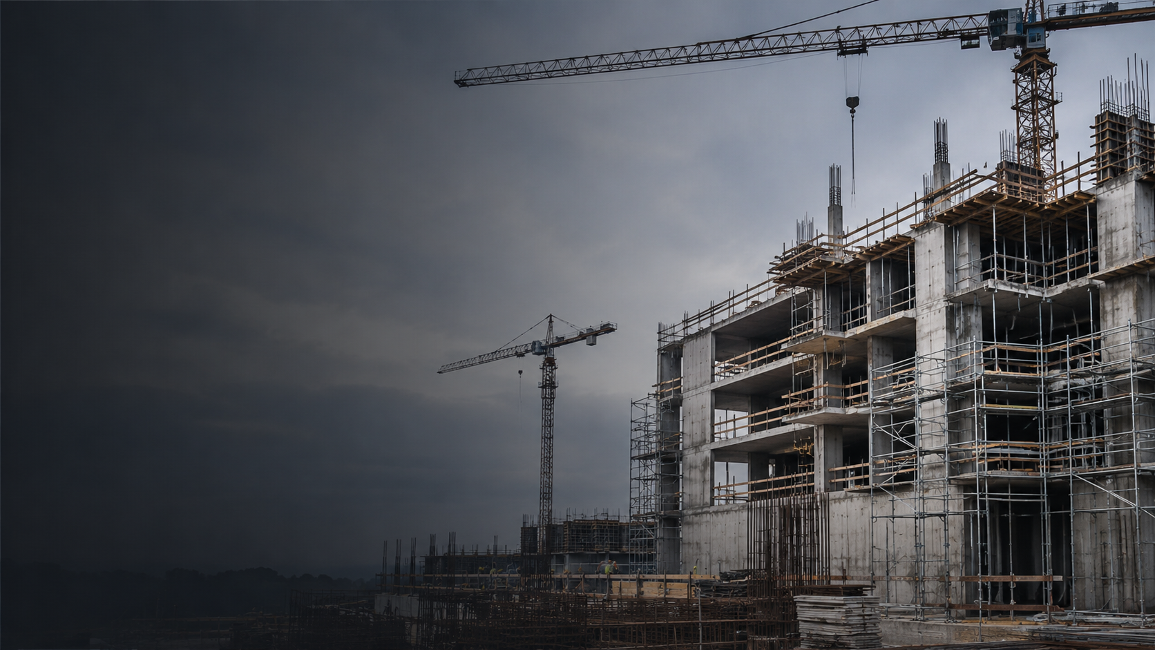 Rohbau-Baustelle mit Kran, Betontragwerk und tragenden Strukturen