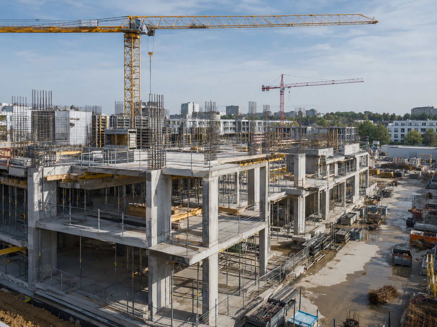 Rohbau-Baustelle mit Betontragwerk, Kran und tragenden Strukturen