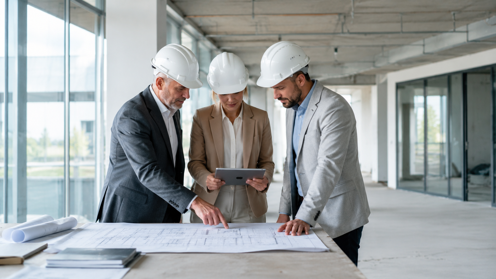 Projektkoordination auf einer Baustelle mit Bauplänen und Tablet in modernem Baukontext