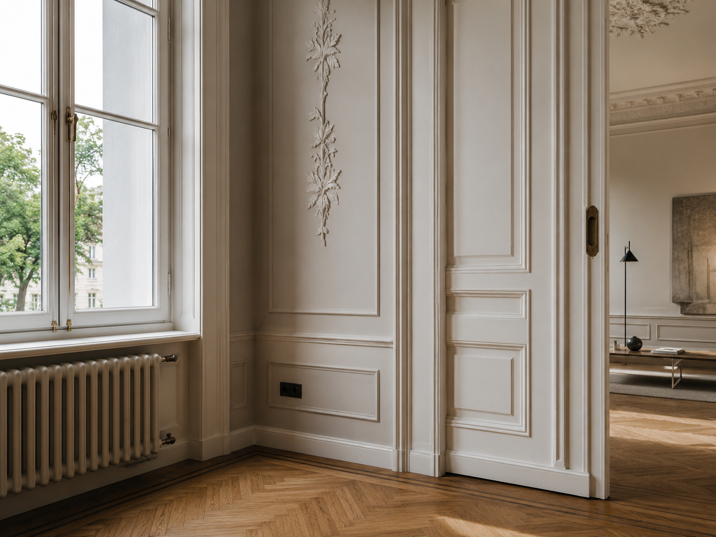 Erhaltene Stuckelemente, Kassettentür und Fischgrätparkett in einem modernisierten Altbau