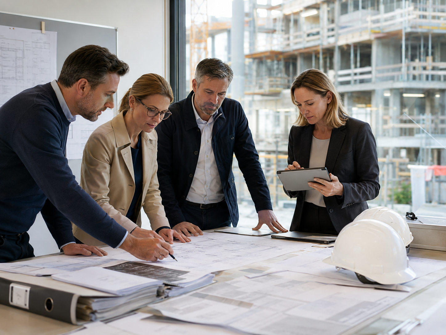 Baubetreuung mit Projektbeteiligten, Bauplänen und Baustelle im Hintergrund