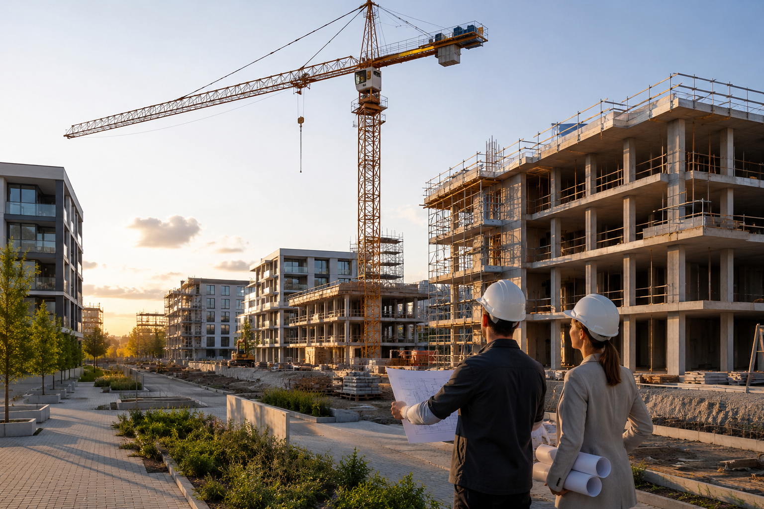 Bauträgerprojekt mit moderner Quartiersentwicklung, Kran und professioneller Baukoordination