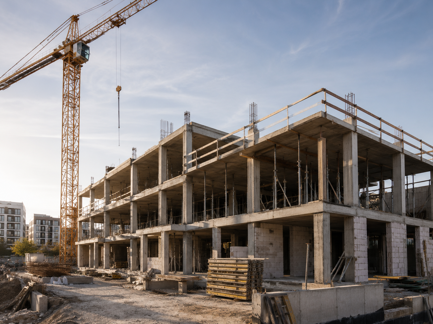 Rohbau mit Betontragwerk und Turmdrehkran auf einer Baustelle