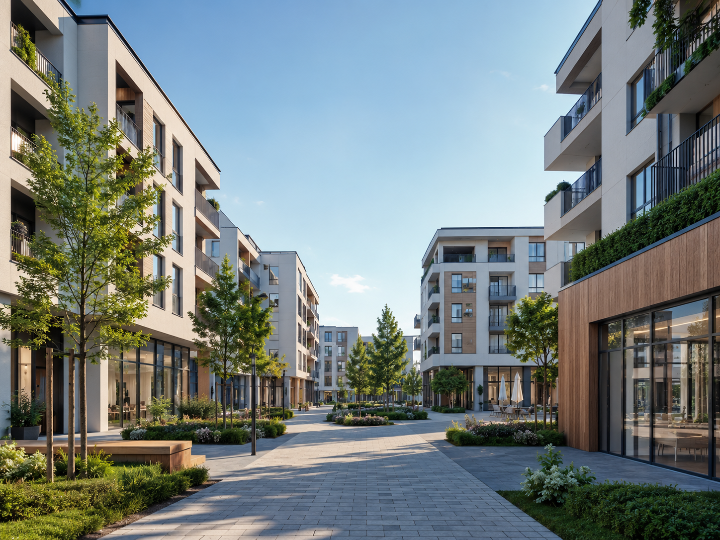 Modernes Wohn- und Gewerbebauquartier mit begrüntem Innenbereich und klarer Architektur