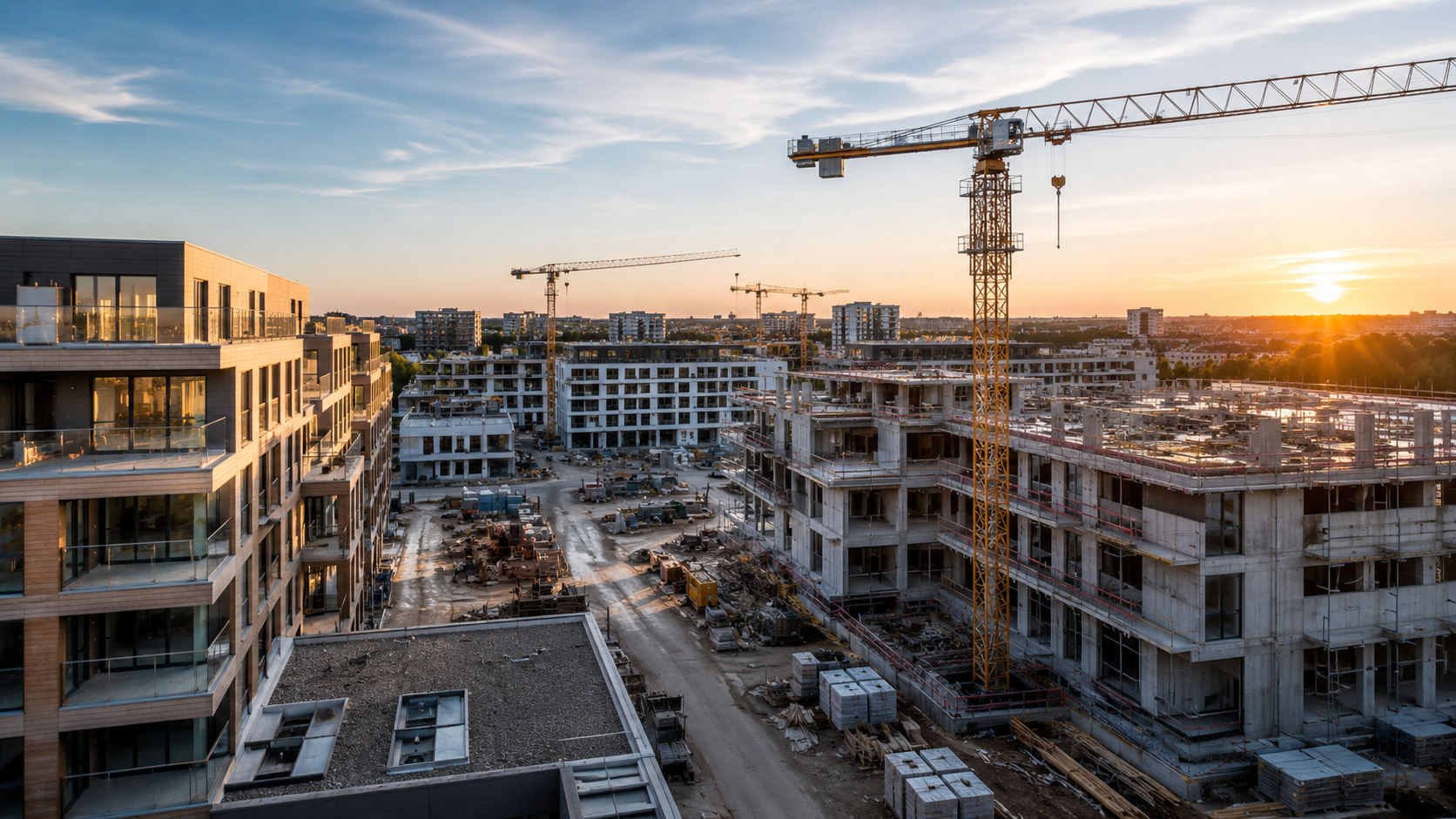 Großes Bauprojekt mit modernen Gebäuden, Kränen und sichtbarer Projektumsetzung