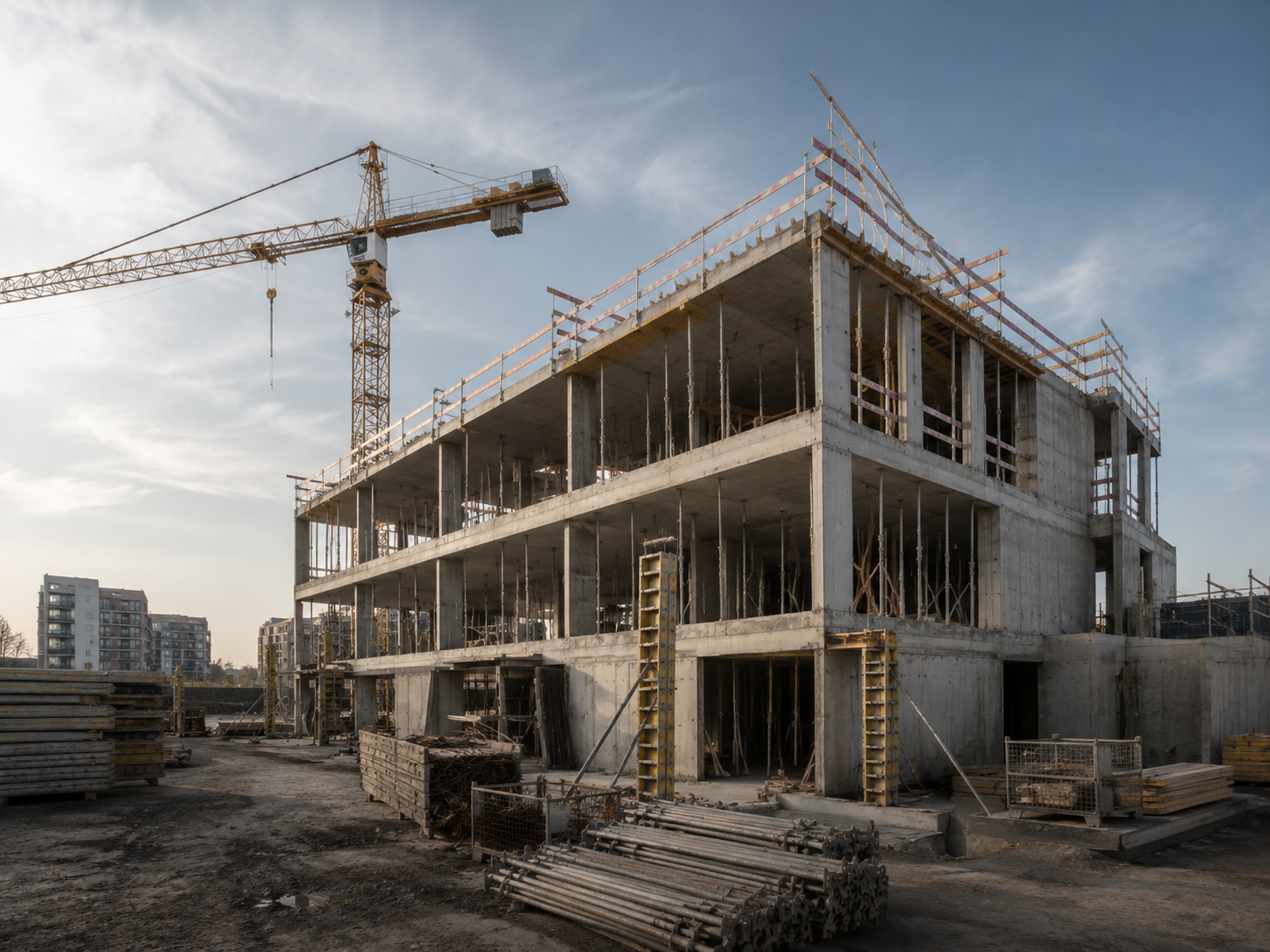 Rohbau-Baustelle mit Materiallager und tragender Gebäudestruktur