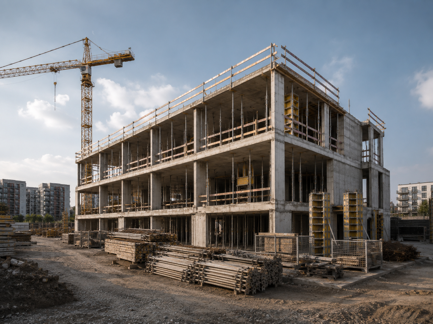 Rohbau eines mehrgeschossigen Wohngebäudes mit Kran und Betontragwerk