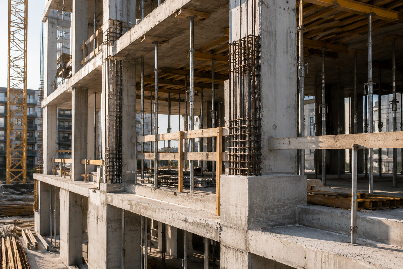 Detailaufnahme von Betonstützen, Decken und Schalung im Rohbau