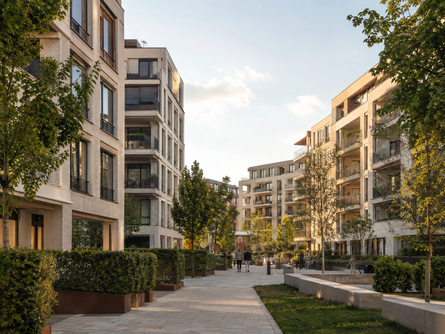 Modernes Wohnquartier mit hochwertiger Architektur und begrünten Wegen
