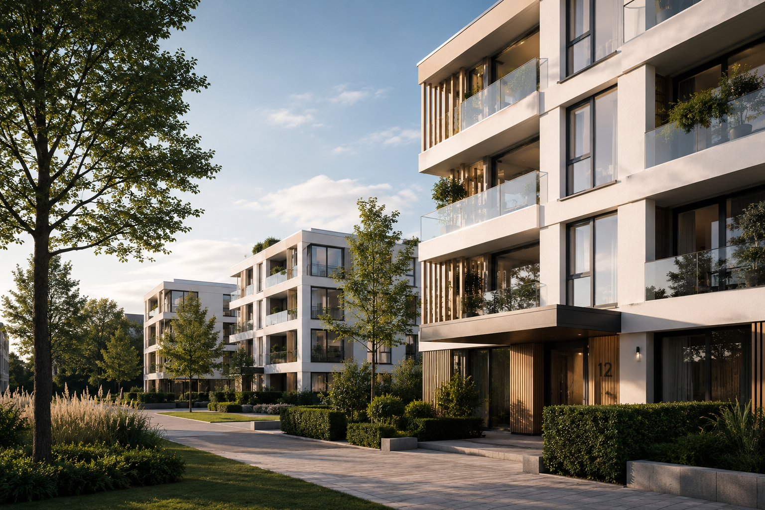 Moderne Wohnanlage im Abendlicht mit gepflegter Außenanlage