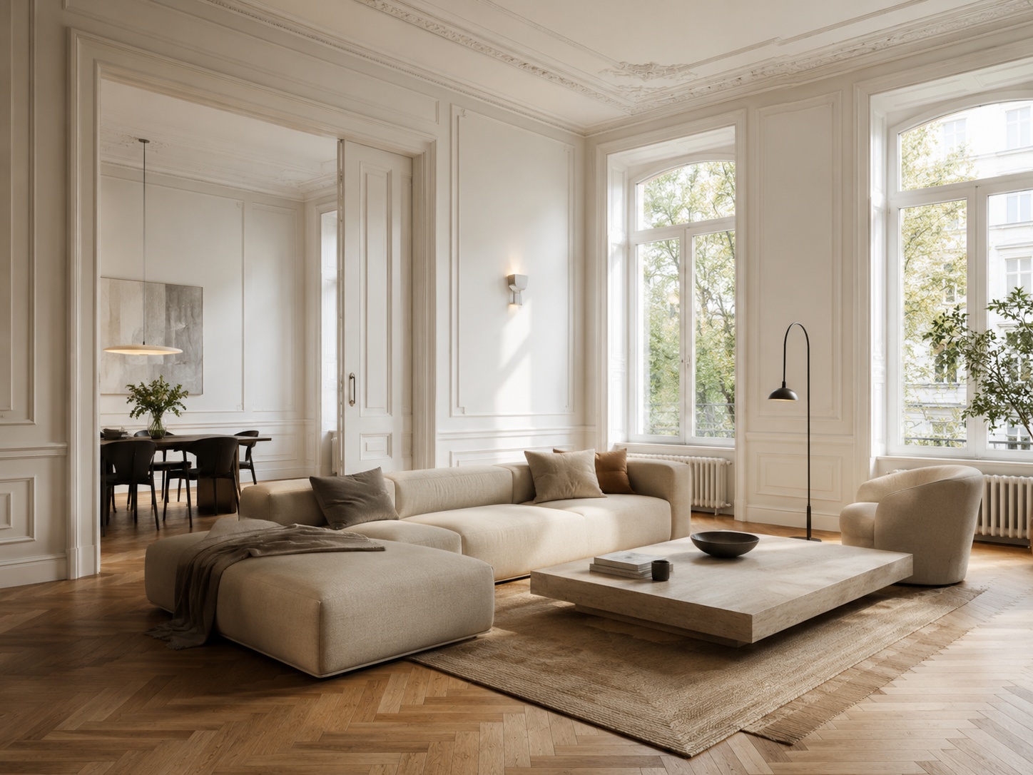 Elegant sanierter Altbau-Innenraum mit klassischen Details und hochwertiger Ausstattung