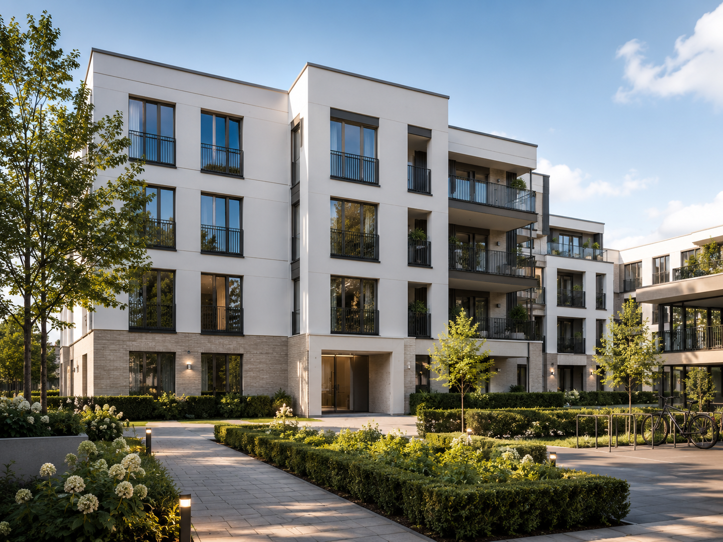 Modernes Mehrfamilienhaus mit gepflegter Gartenanlage und klarer Architektur