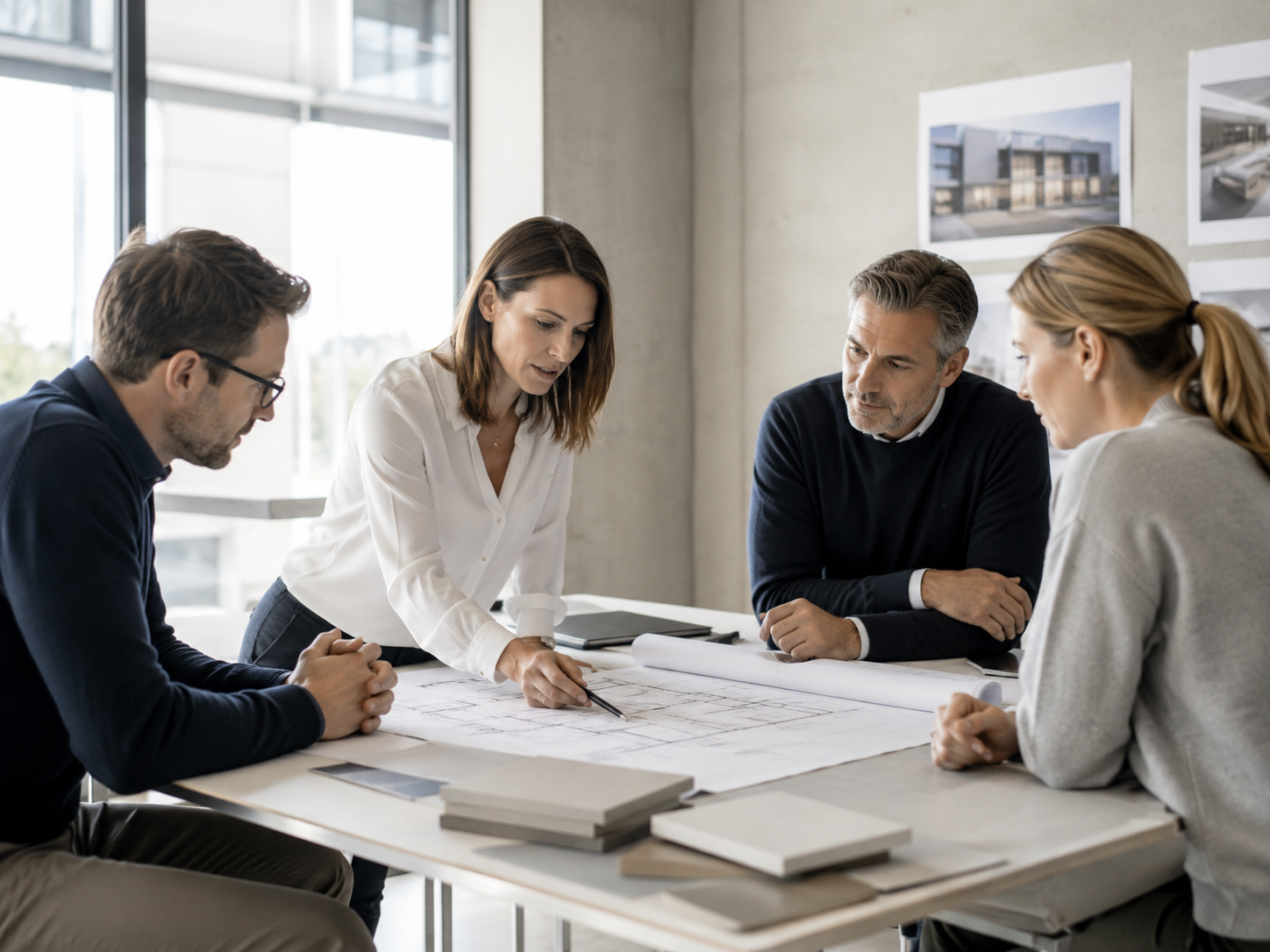 Projektbesprechung mit Bauplänen in einem modernen Besprechungsraum