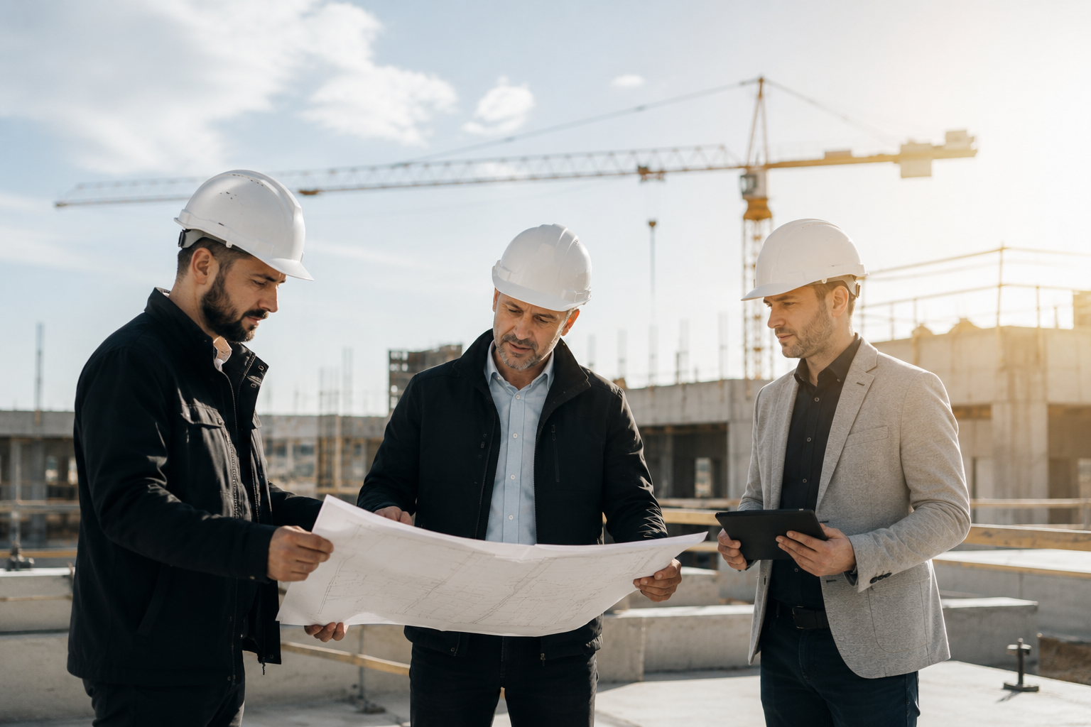 Bauleitung und Projektteam bei einer professionellen Baustellenbesprechung